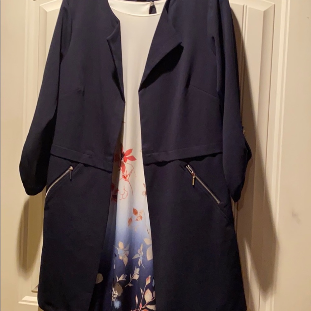 Floral Dress with Navy Duster Jacket Size Large